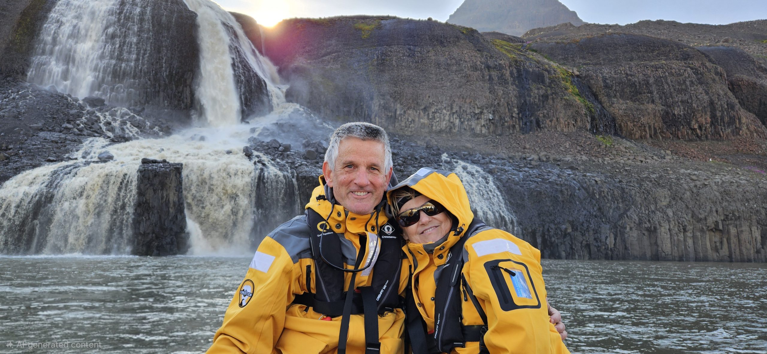 Clients in expedition gear in front of a Greenland waterfall