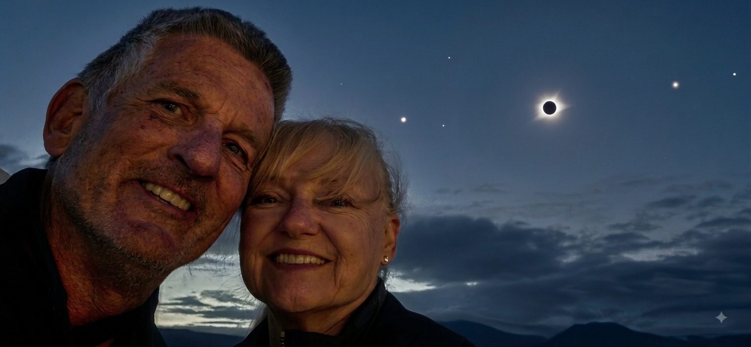 Clients together during totality of the solar eclipse in Greenland